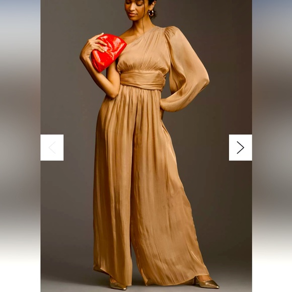 NEW Anthropologie Tan Gold Metallic Wide Leg Single Shoulder Jumpsuit Size 6 - Picture 2 of 6